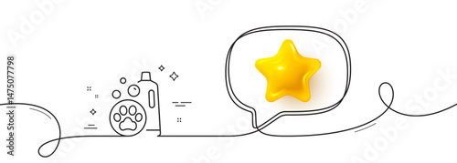 Pet shampoo line icon. Continuous line with 3d star. Pets care sign. Dog cleaning symbol. 3d star in speech bubble. Pet shampoo single line ribbon. Loop curve pattern. Vector