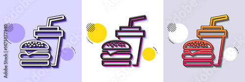 Hamburger with drink line icon. Halftone dotted pattern. Gradient icon with grain shadow. Fast food restaurant sign. Hamburger or cheeseburger symbol. Line hamburger icon. Various designs. Vector