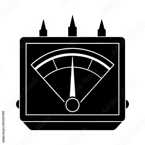 Illustration of an analog meter with a needle pointing to the center, three knobs on top in black and white