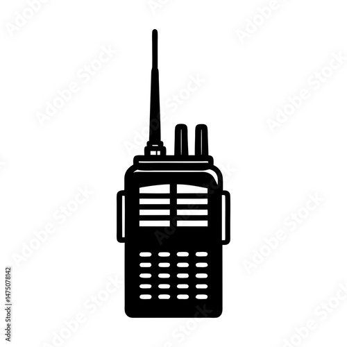 A black and white illustration of a portable handheld two way radio transceiver communication device