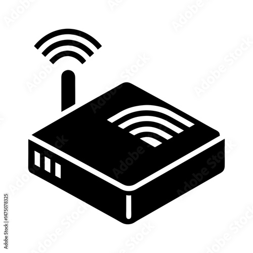 Illustration of a black wireless router with antenna emitting wifi signal in isometric view style design
