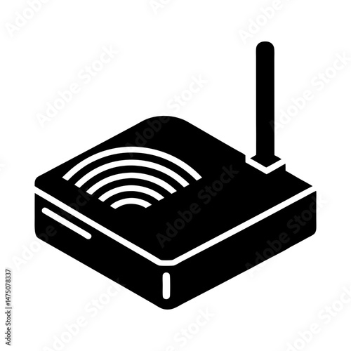 Illustration of a black wireless router with antenna and signal waves on a white background