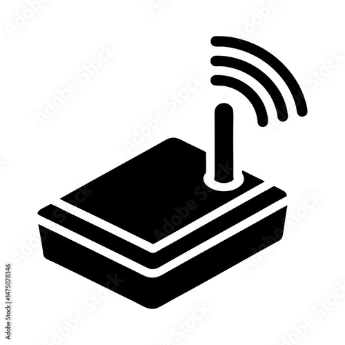 Illustration of a black wireless router with antenna emitting signal waves on a white background