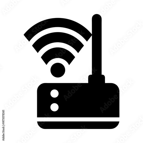Illustration of a black wireless router with an antenna emitting a strong wifi signal for internet access