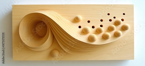 Abstract wood carving with flowing forms and embedded spheres