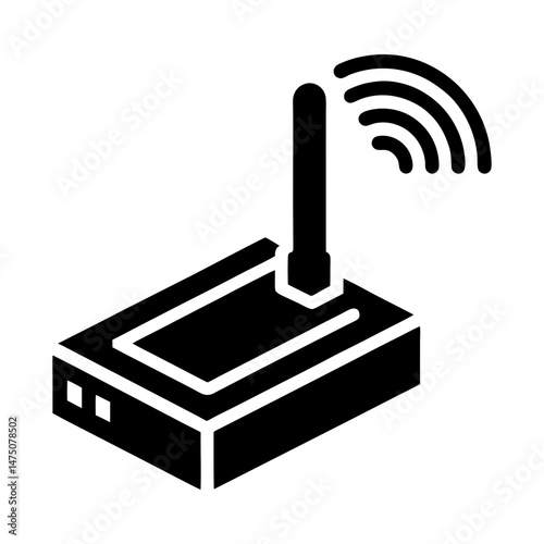 Isometric view of a black wireless router with antenna emitting curved signal waves in the air