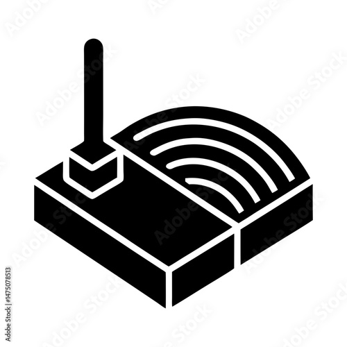 Isometric view of a black wireless router with antenna and signal waves in a solid fill style