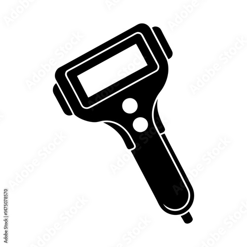 Illustration of a black handheld device with a screen and two buttons on a white background image