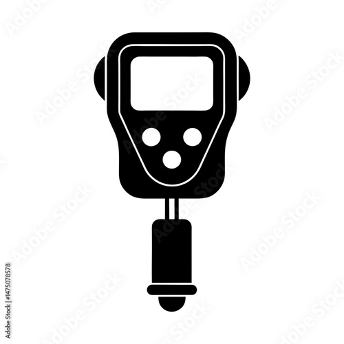 Illustration of a handheld digital device with a screen and buttons in a solid black silhouette design