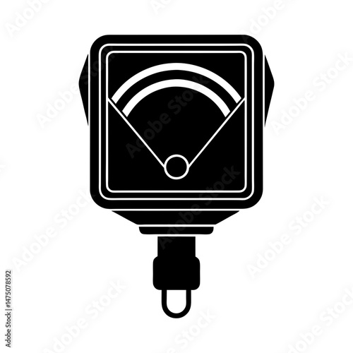 Illustration of a square shaped black analog meter with a needle and a u shaped connector at the bottom