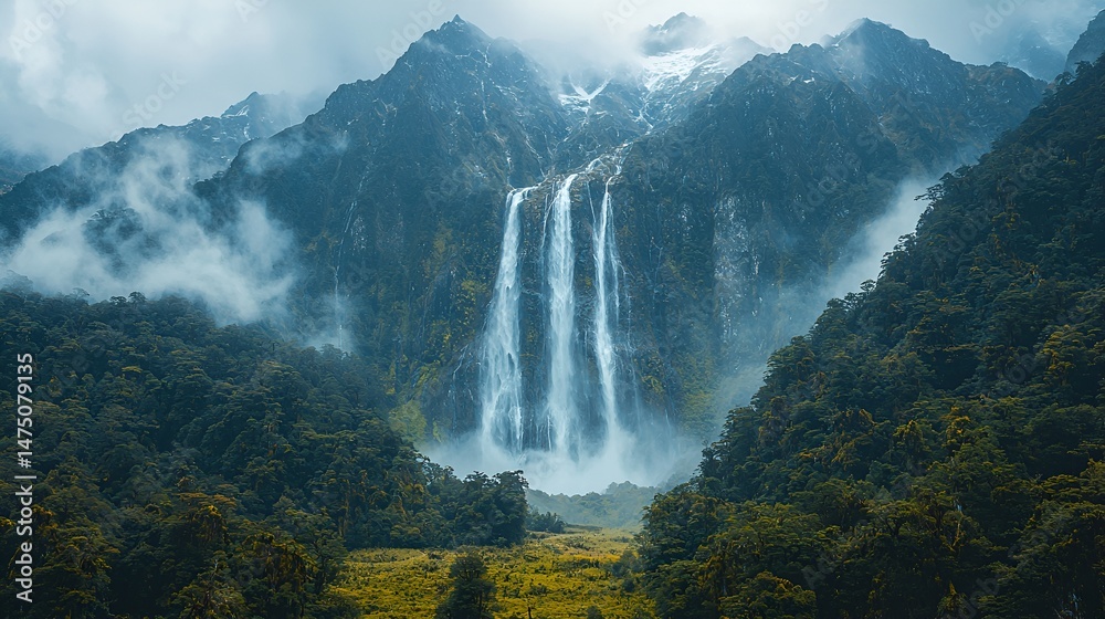 Fototapeta premium Majestic waterfall cascading down a misty mountain.