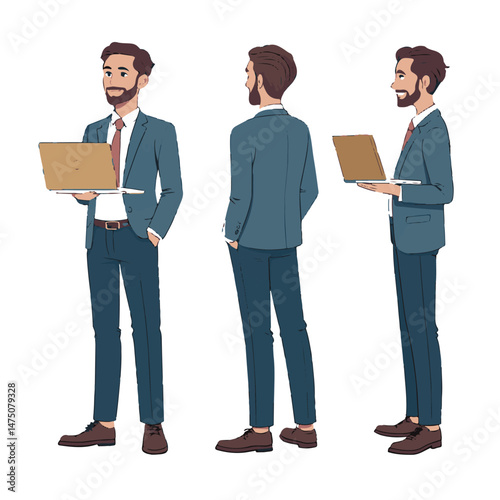  Business man. Character constructor for animation. Front, side and back view set. Body parts, postures, poses collection. Vector illustration.
