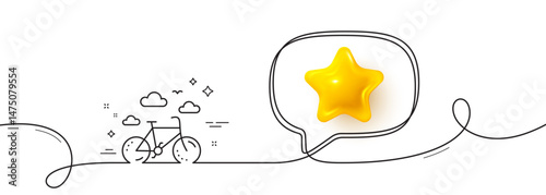 Bike rental line icon. Continuous line with 3d star. Bicycle rent sign. Hotel service symbol. 3d star in speech bubble. Bike rental single line ribbon. Loop curve pattern. Vector