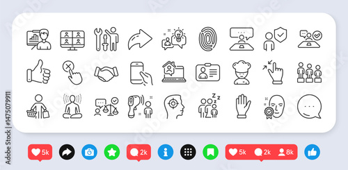 Hold smartphone, Like hand and Electronic thermometer line icons pack. Social media: share, comment, like icons. Interview job, Job interview, Work home web icon. Vector