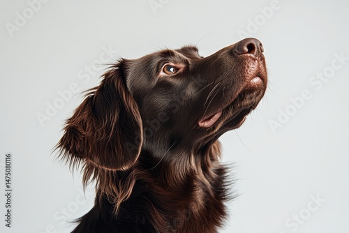 Close-up of a brown dog, head and neck, looking upward.  Dark brown coat, floppy ears, attentive expression