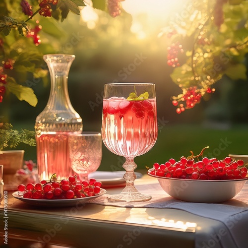 Johannisbeer-Bowle mit Roséwein im Glasgefäß mit Gläsern