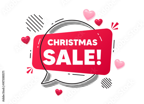 Christmas sale chat speech bubble. Love hearts concept. Christmas Sale tag. Special offer price sign. Advertising Discounts symbol. Red chat message. Offer speech bubble. Glare 3d hearts. Vector