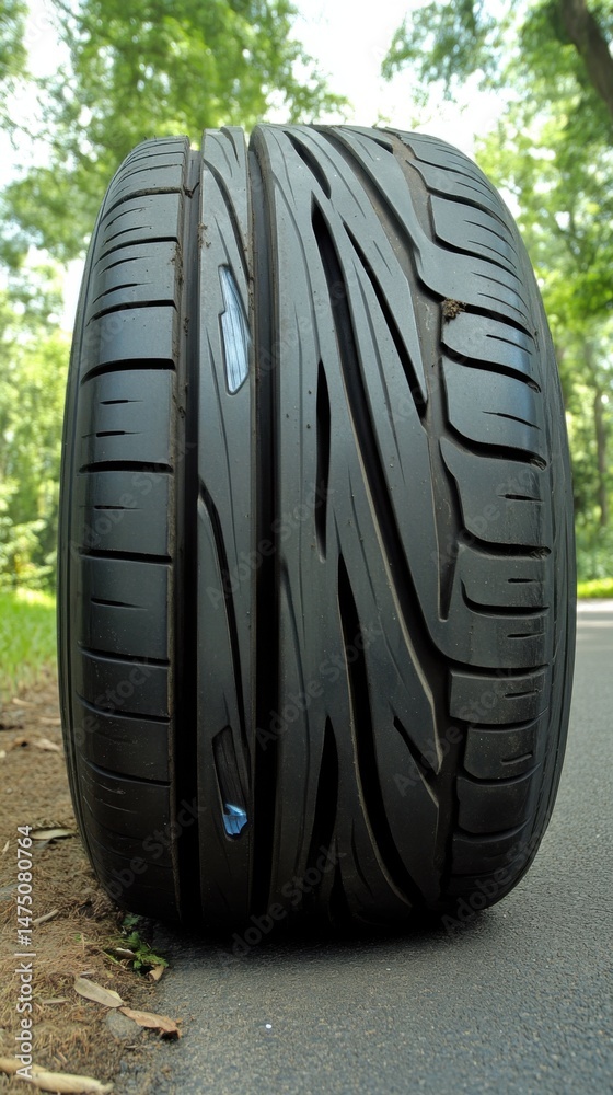 Obraz premium Close Up of a Car Tire on Asphalt Road with Green Trees in the Background Automotive Detail Low Angle Shot