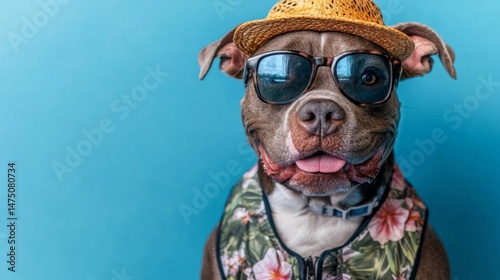 Brown Pitbull Dog Wearing Sunglasses and Tropical Shirt