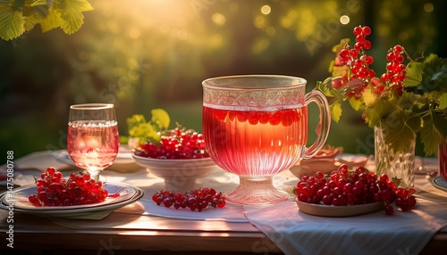 Johannisbeer-Bowle mit Roséwein im Glasgefäß mit Gläsern