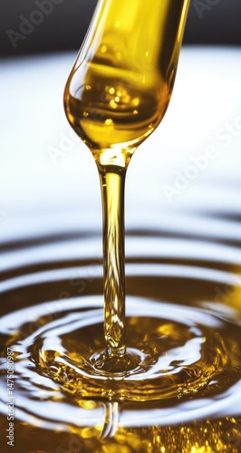 Golden liquid pouring into a pool of the same, creating ripples. Close-up view