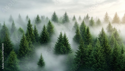 Fog-shrouded green forest, serene and ethereal