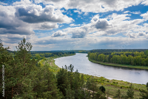View of the Daugava river on sunny spring day from Vasargelišķi observation tower in Daugavas Loki nature park in Latgale, Latvia