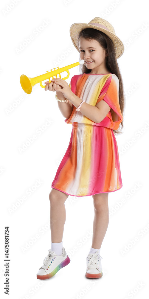 Cute girl playing toy trumpet on white background Cute girl playing toy trumpet on white background