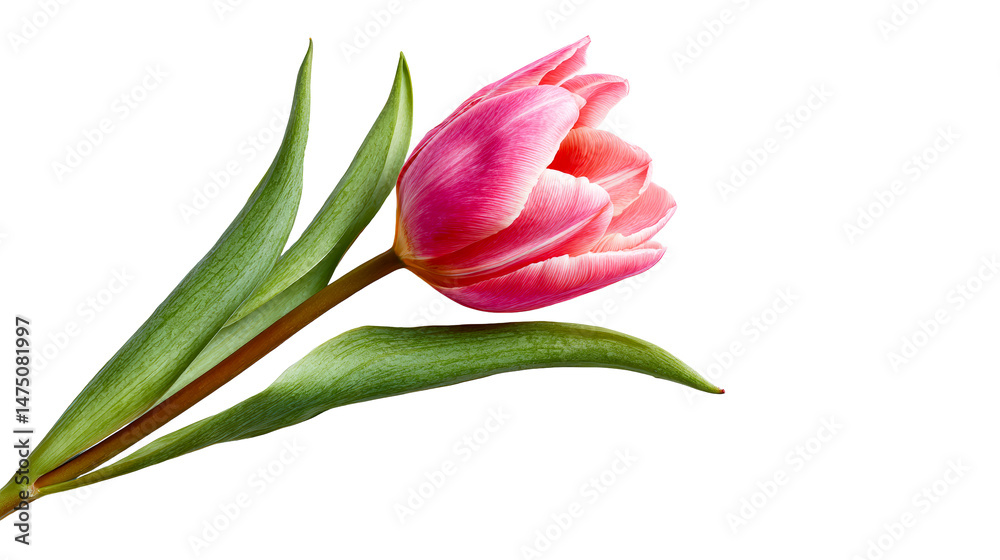 Naklejka premium Pink tulip with green leaves on a clear background