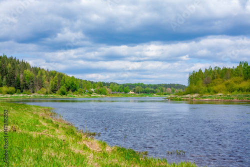 View of Daugava river on sunny spring day near Slutišķi, Naujene. Nature park Daugavas loki in Latgale region, Latvia