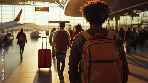 A group of travelers walking through an airport terminal, each carrying different types of luggage,