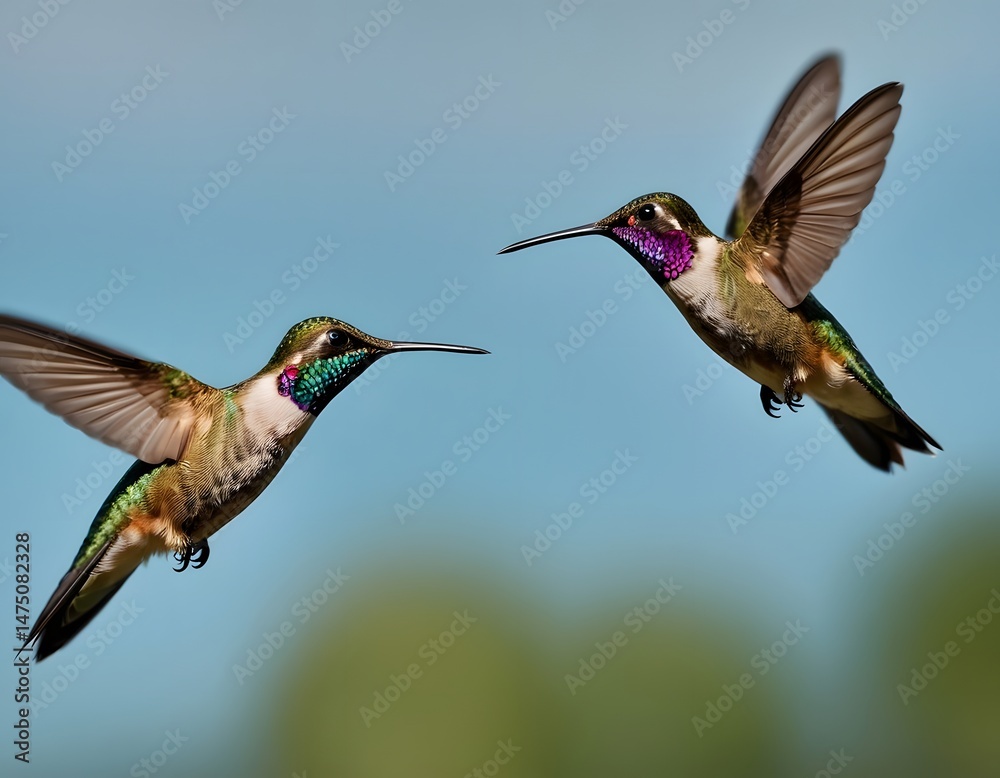 Fototapeta premium Two Hummingbirds Flying in Sky