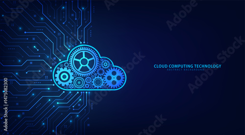 Concept of Cloud Computing. Gears with a cloud shape on a circuit board in a futuristic blue background. Database computing, online storage, Data storage, and IOT. Vector illustration.