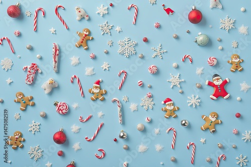 Festive Christmas pattern of assorted Christmas treats and decorations on a light blue background.  Gingerbread men, candy canes, snowflakes, ornaments, and small balls arranged artistically