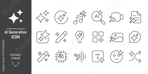 Set of generated AI icons. Creating images, videos, audio, search and data by AI. Media icon with AI star. Artificial intelligence element for apps and web. Vector illustration. Editable stroke.