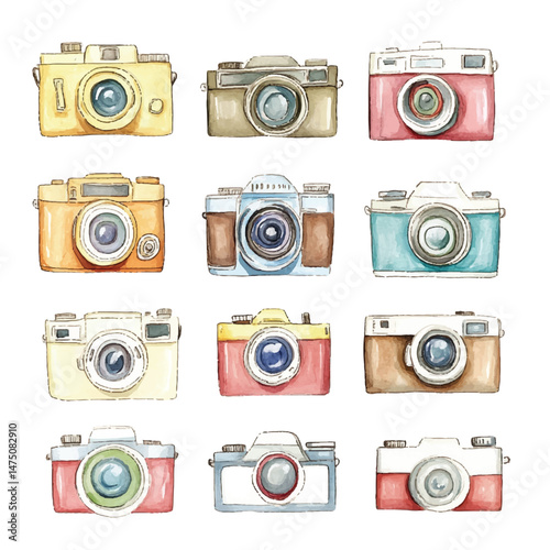 cute cartoon watercolor A collection of vintage camera