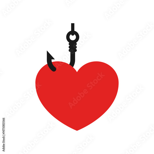 Fishing hook with heart shaped bait. The heart is hanging on a hook. Vector clipart and drawing. Isolated illustration on white background.