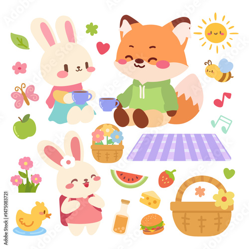 Adorable kawaii style picnic clipart set featuring a bunny and fox enjoying tea time, surrounded by cute elements like food, flowers, picnic baskets, and nature icons.