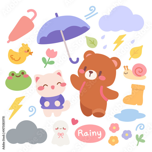 An adorable vector illustration features adorable kawaii animals including a bear, cat, frog, and snail playing in rainy weather. Surrounded by clouds, lightning, umbrellas, boots and flowers.