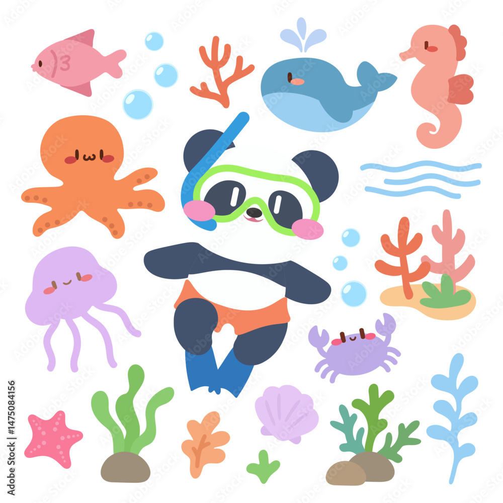 Obraz premium Cute Snorkeling Panda Underwater, Kawaii Sea Animal Vector Set. Underwater Vector with Panda, Marine Animals, and Coral Elements.