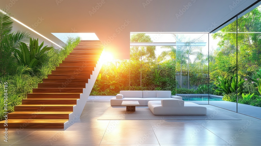 Fototapeta premium Modern, sun-drenched living area with a wooden staircase and lush greenery. Large windows offer a tranquil view of a tropical garden