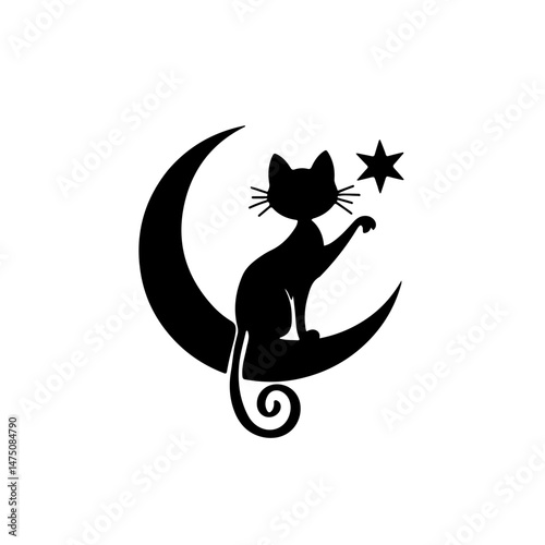 Mystical Cat on Crescent Moon: Enchanting Silhouette for Fantasy Designs