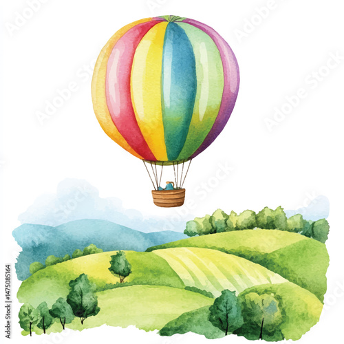  Cute cartoon watercolor A colorful hot air balloon