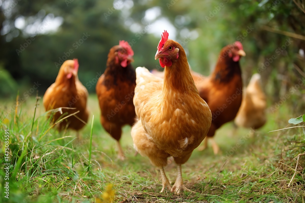 Fototapeta premium Free-range Chickens Grazing in Lush Green Pasture Farm Animals Poultry Birds