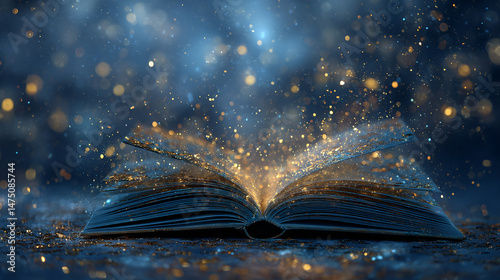 Magical open book with sparkling dust