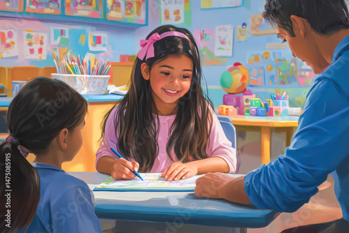 Happy young girl draws with crayons while sitting with her father and sister in a colorful, creative classroom environment.