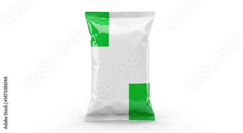 White snack bag with green accents isolated on white background.