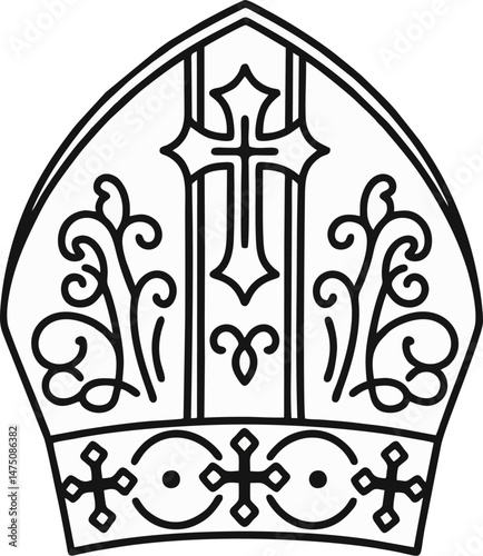 Minimalist Pope Mitre Line Art – Black and White Religious Hat Outline Vector Illustration for Coloring and Design