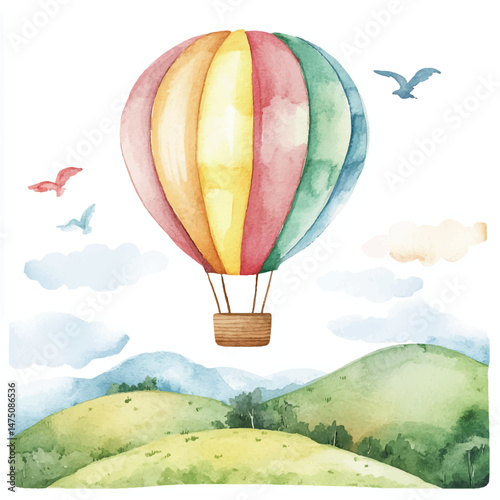  Cute cartoon watercolor A colorful hot air balloon