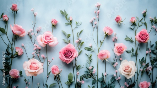 Delicate pink roses and sprigs on a light blue background